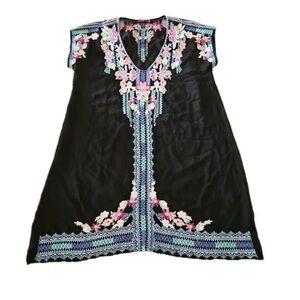 Johnny Was Black Top with Multicolor Floral Embroidery Yasi Tunic mini dress